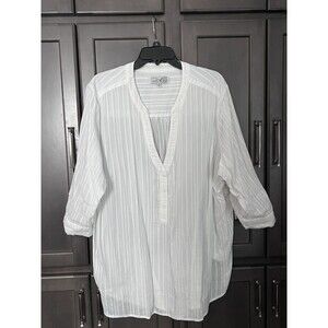 Diane Gilman White Popover Tunic Blouse Vertical Stripes 100% Cotton 2X Plus